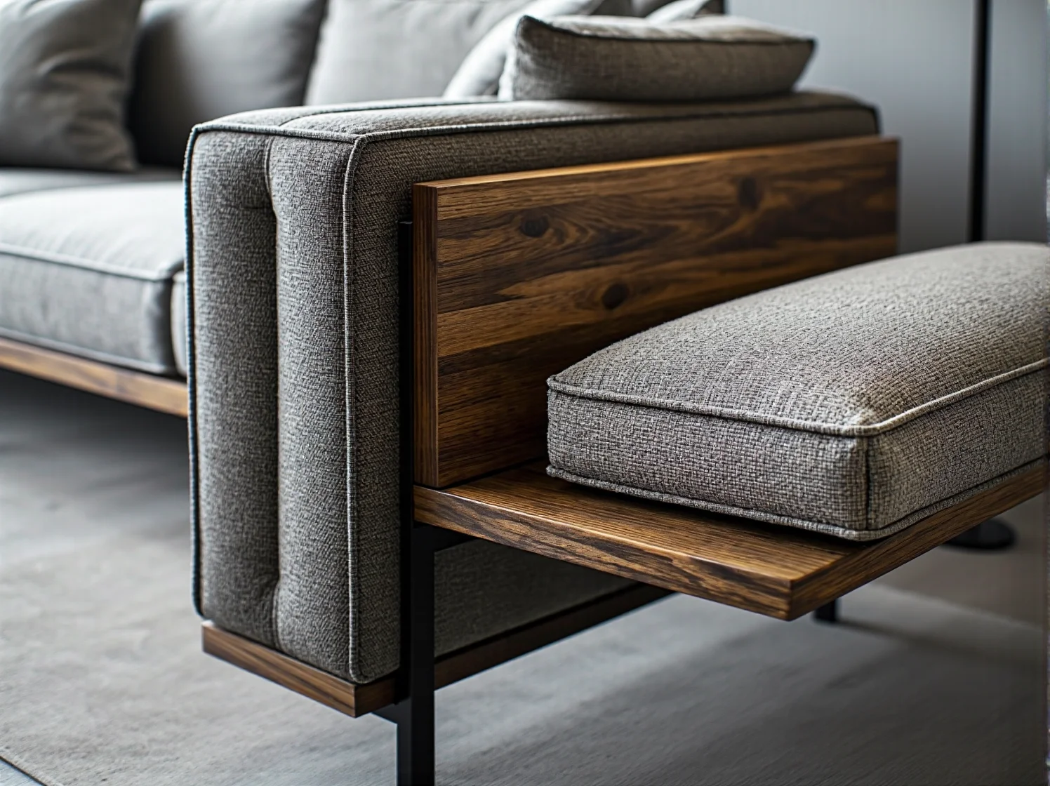 Szara sofa z drewnianą ramą orzech i metalowymi nogami