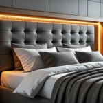 Łóżko tapicerowane szare z pikowanym zagłówkiem i oświetleniem LED