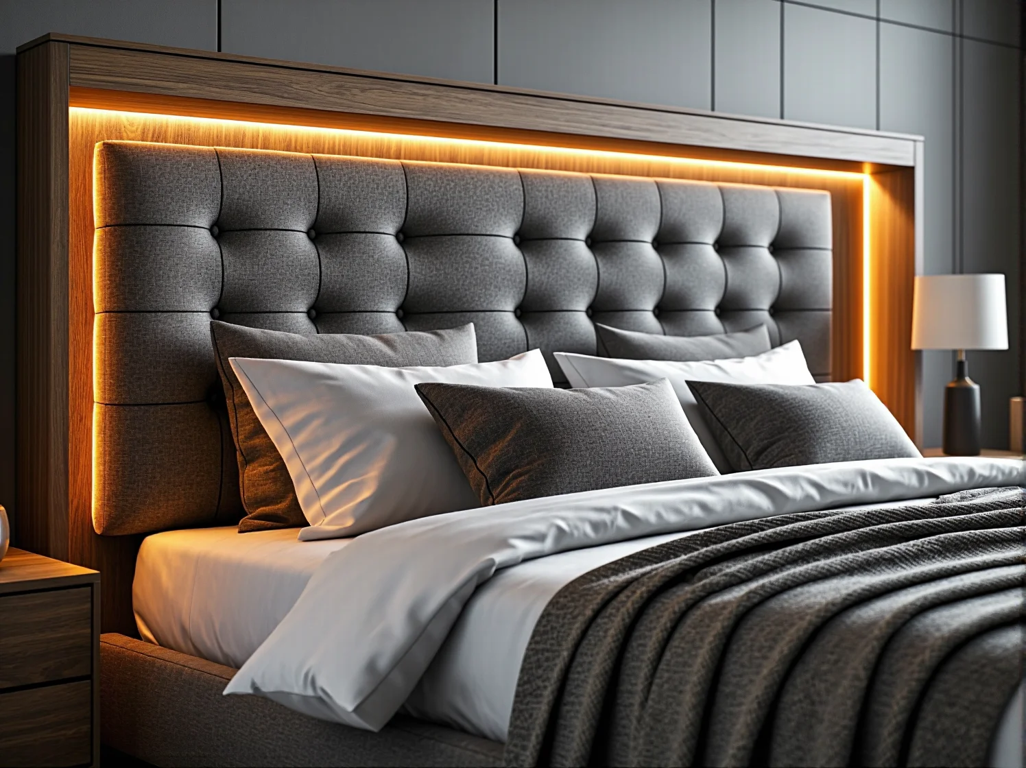 Łóżko tapicerowane szare z pikowanym zagłówkiem i oświetleniem LED