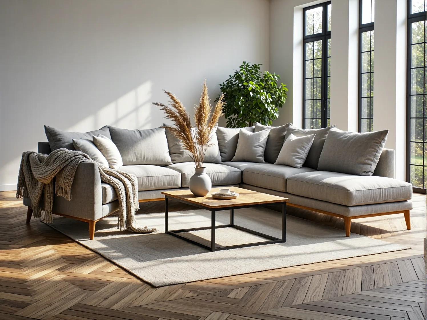 Narożnik tapicerowany szary na drewnianych nóżkach z poduszkami