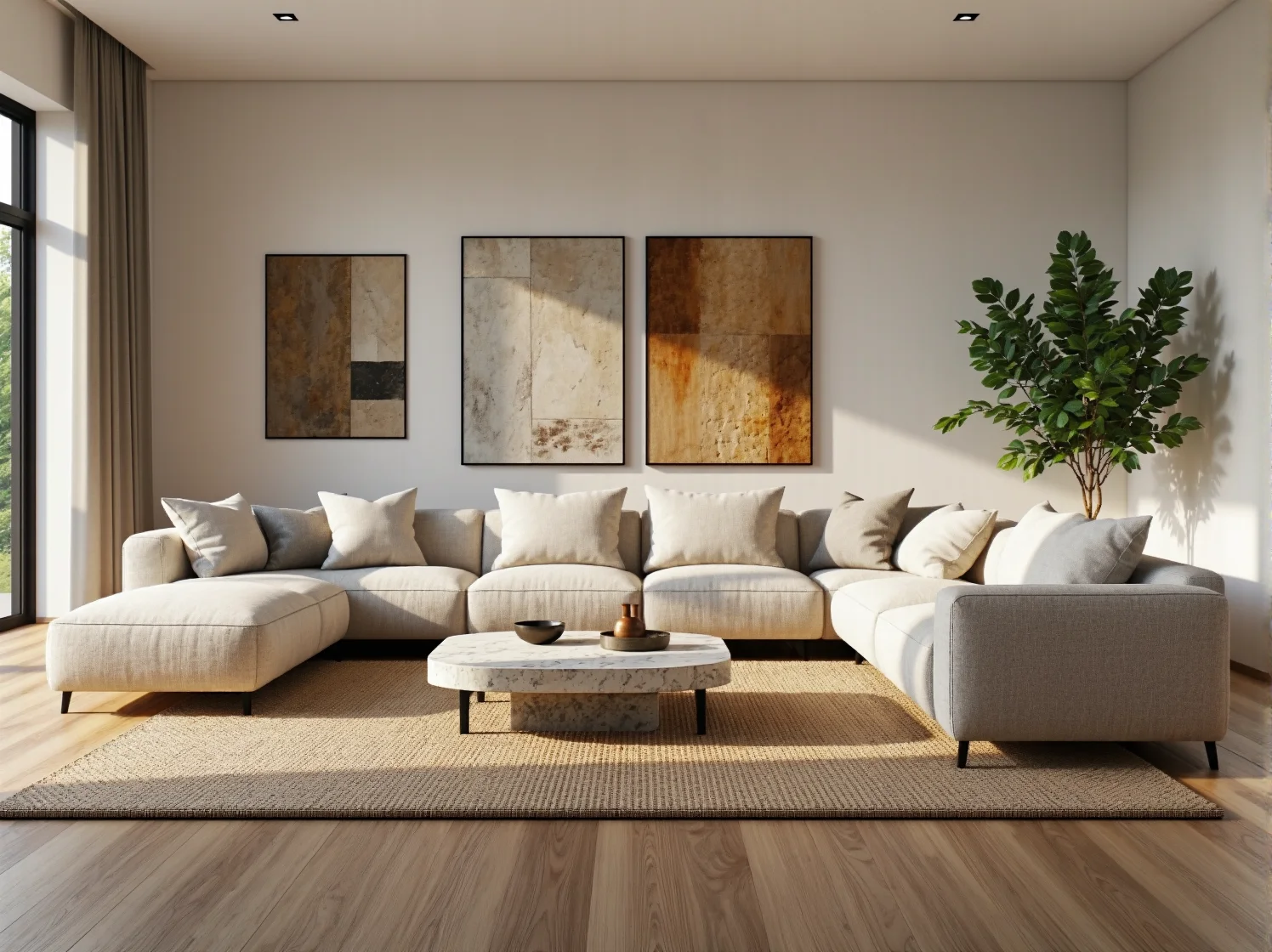 Narożnik modułowy beżowy w stylu skandynawskim z poduszkami