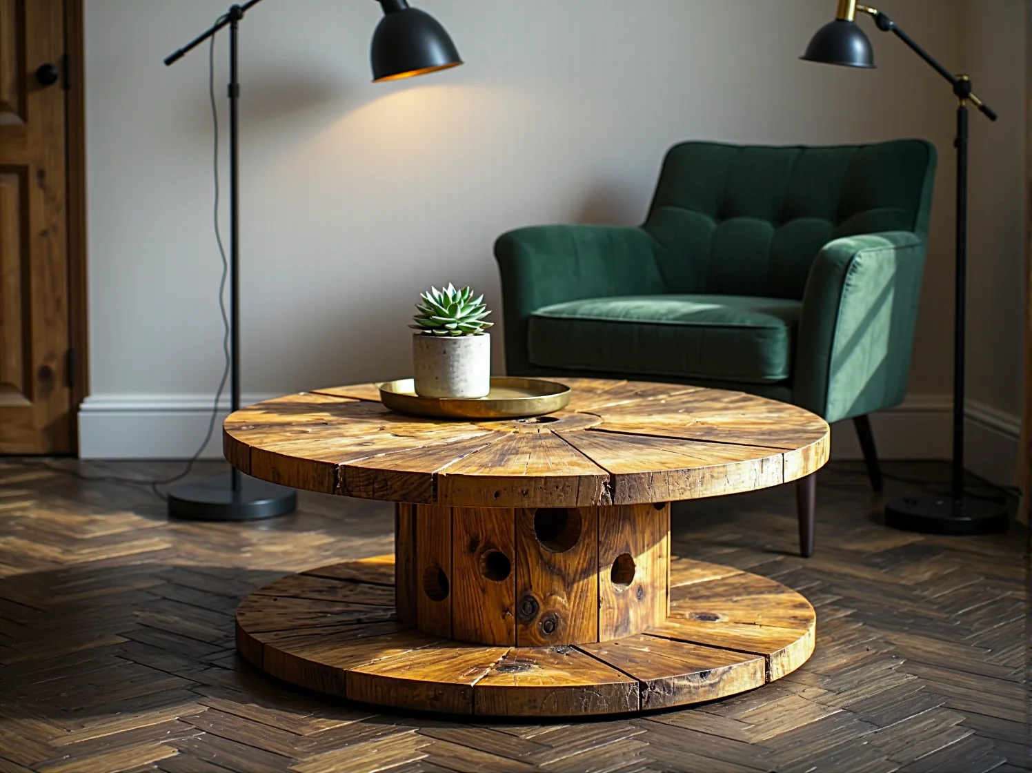 Przytulny salon z własnoręcznie wykonanym stolikiem kawowym w stylu loftowym