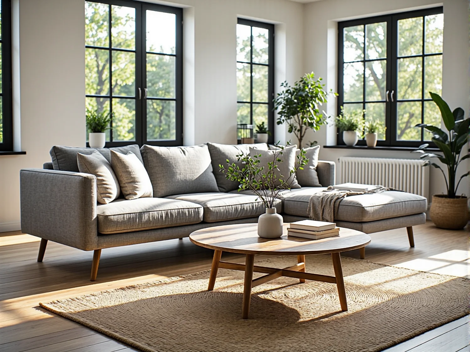 Szara sofa narożna z drewnianymi nogami i stolik kawowy dębowy