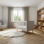 Białe łóżeczko niemowlęce z szarymi bokami na drewnianych nóżkach