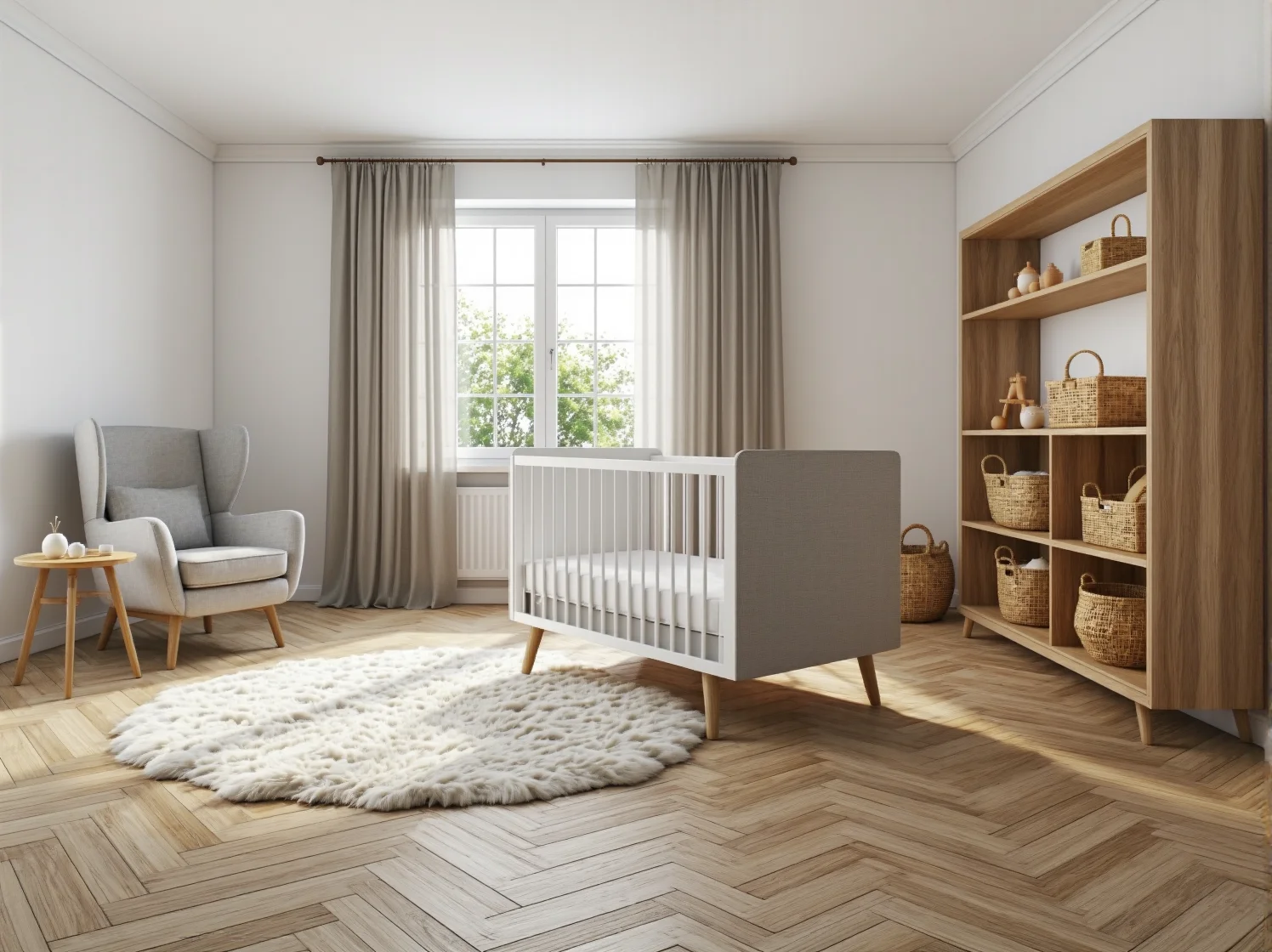 Białe łóżeczko niemowlęce z szarymi bokami na drewnianych nóżkach
