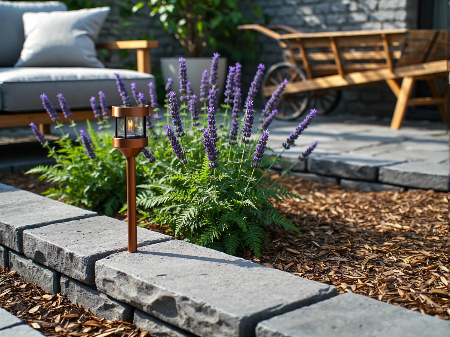 Niskie słupki oświetleniowe stylizowane na stare drewno przy podjeździe.