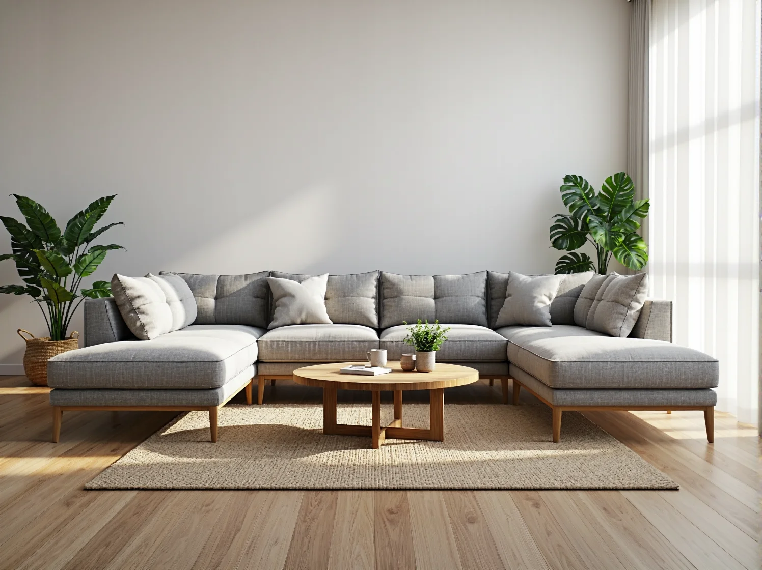 Szara sofa narożna skandynawska na drewnianych nóżkach