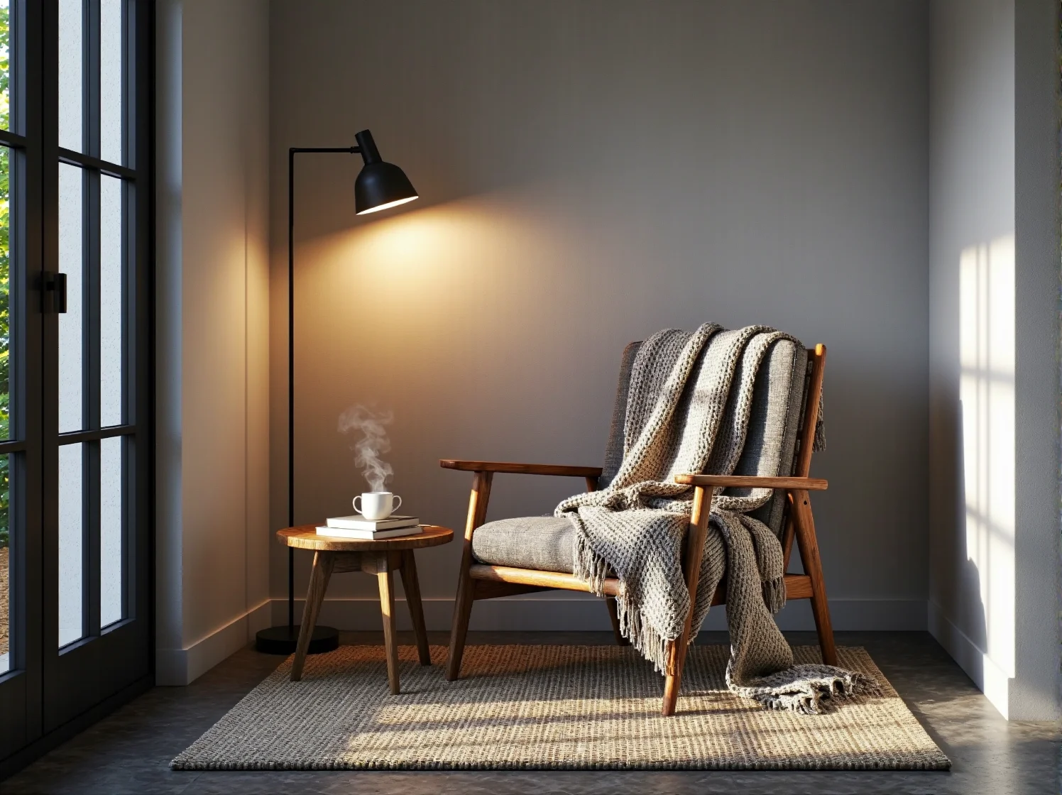 Soft minimalism w salonie: beżowe meble o obłych kształtach i ciepłe oświetlenie