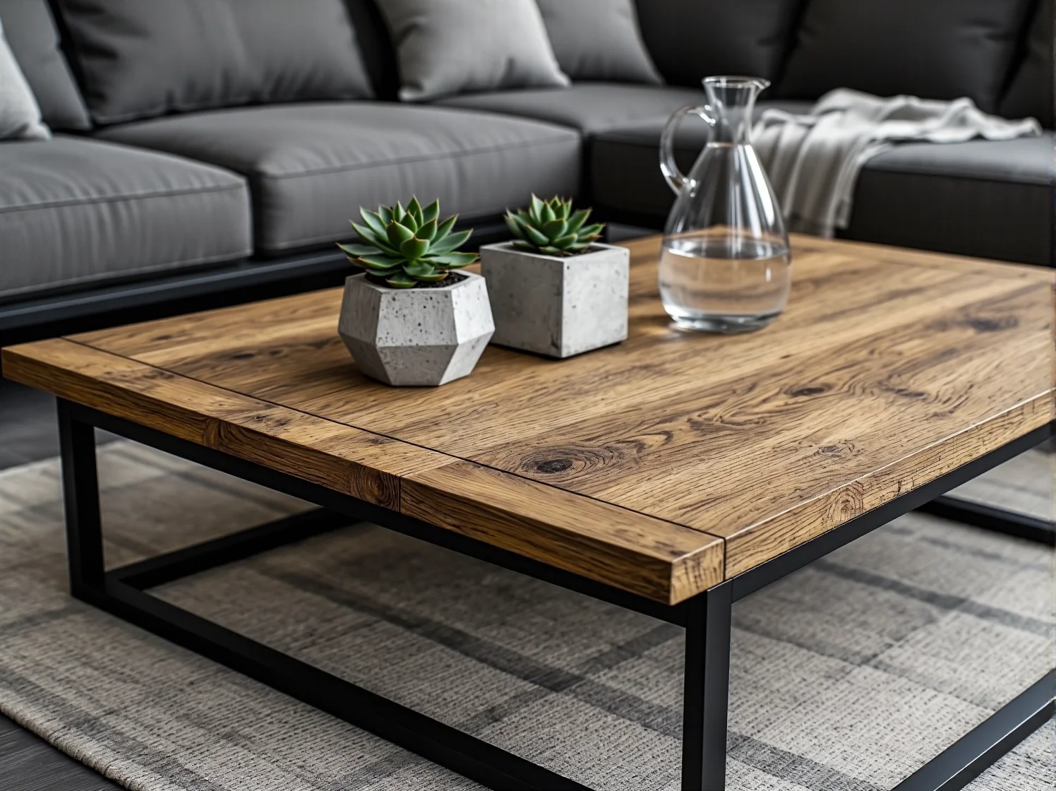 Solidny stół ogrodowy z betonu i stali, idealny do aranżacji loftowej na zewnątrz.