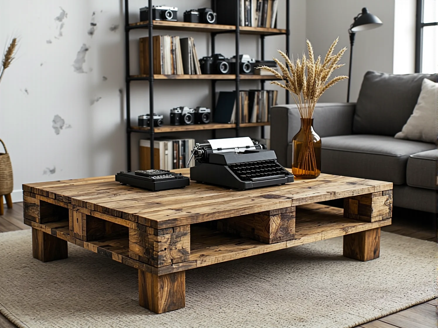 Drewniany stolik kawowy na kółkach i lampa fabryczna w salonie