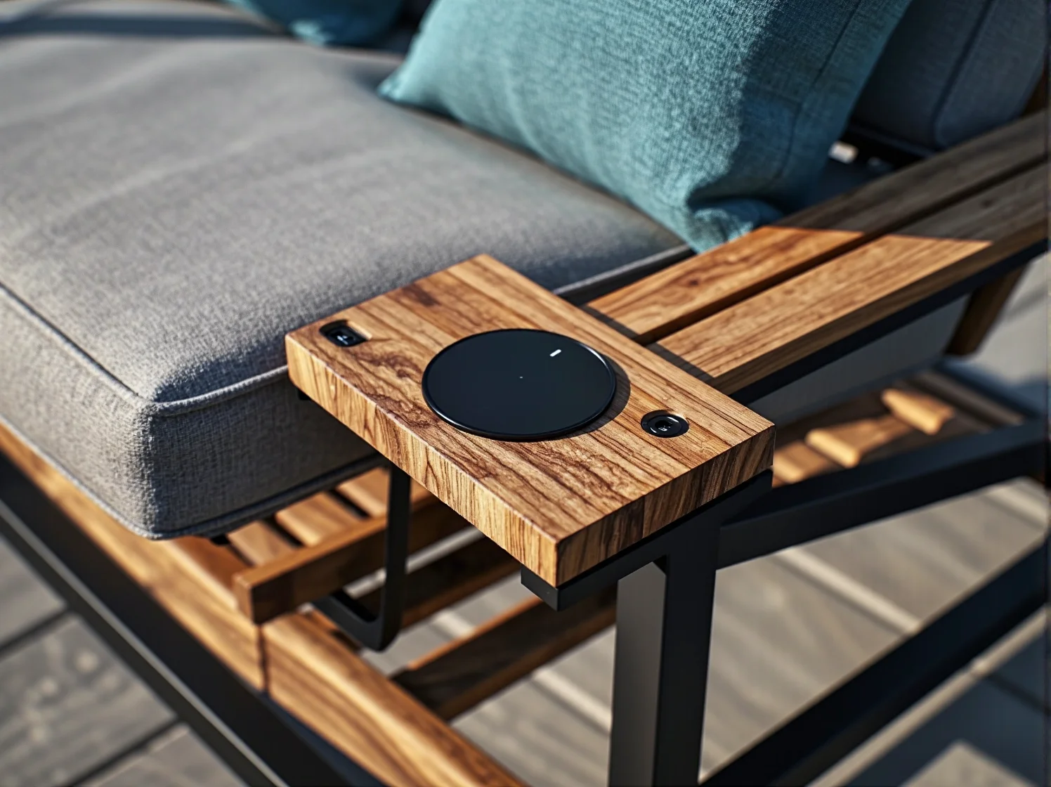 Stolik kawowy ogrodowy wyposażony w ładowarkę indukcyjną i panel sterowania