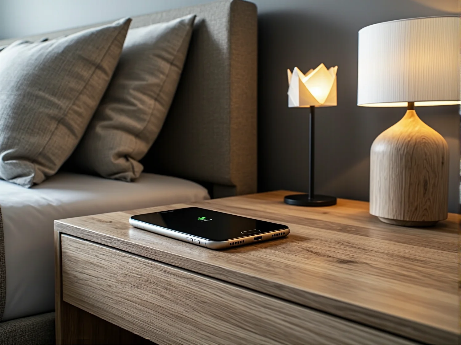 Minimalistyczny stolik kawowy z ładowarką indukcyjną w jasnym wnętrzu japandi