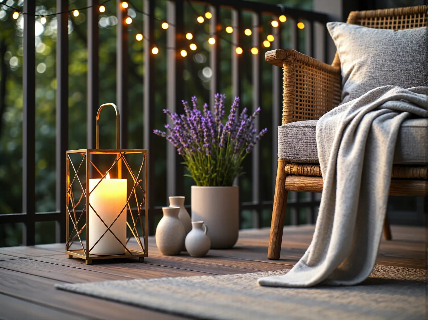 Elegancka strefa relaksu na balkonie z miękkimi poduszkami i ciepłym światłem