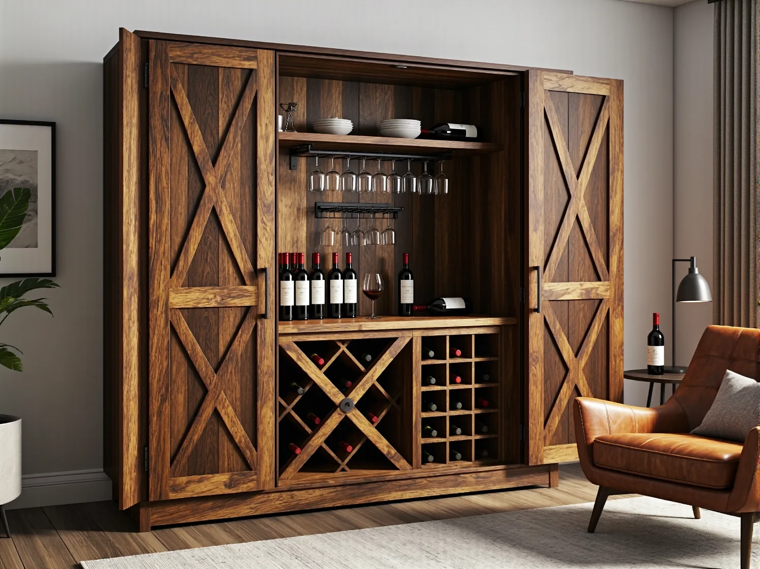 Drewniana szafa barek orzech z półkami na wino i kieliszki