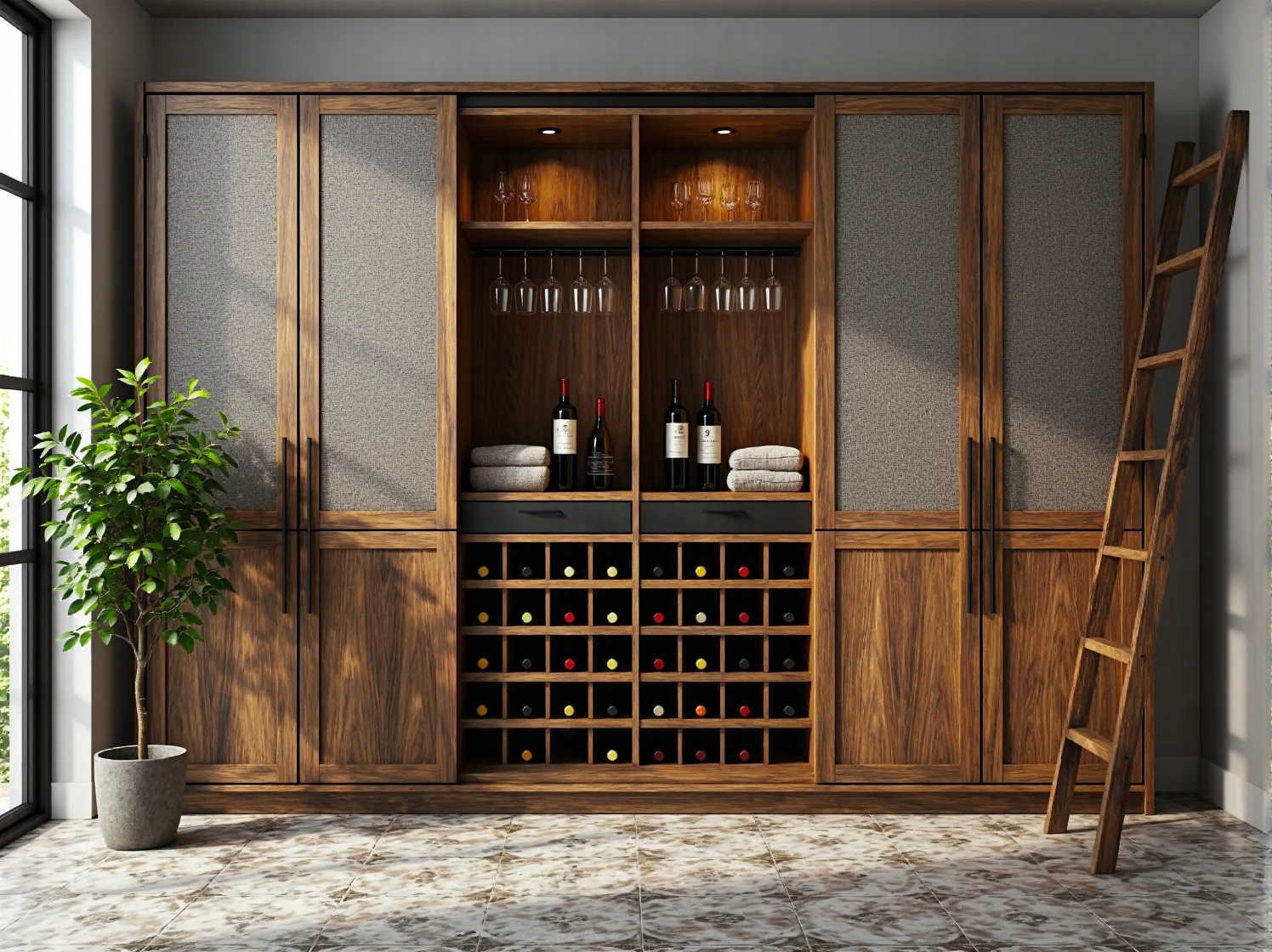 Aranżacja salonu z elegancką szafą na wino wykonaną ze starego mebla w stylu vintage