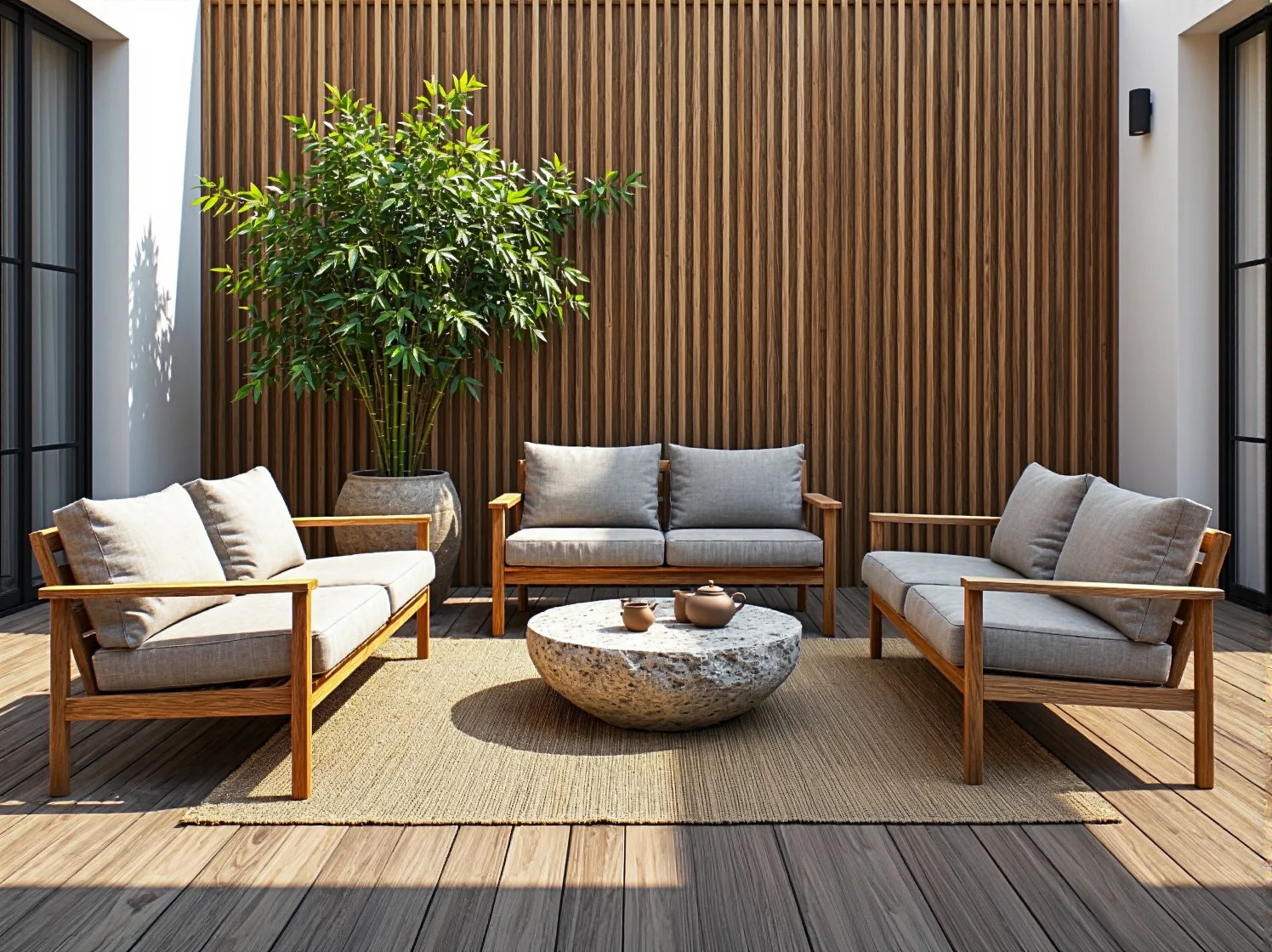Zestaw mebli tarasowych drewnianych z szarymi poduszkami w stylu japandi