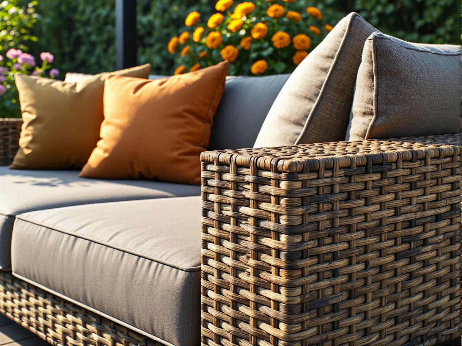 Wypoczynkowe meble z technorattanu i aluminium na słonecznym patio