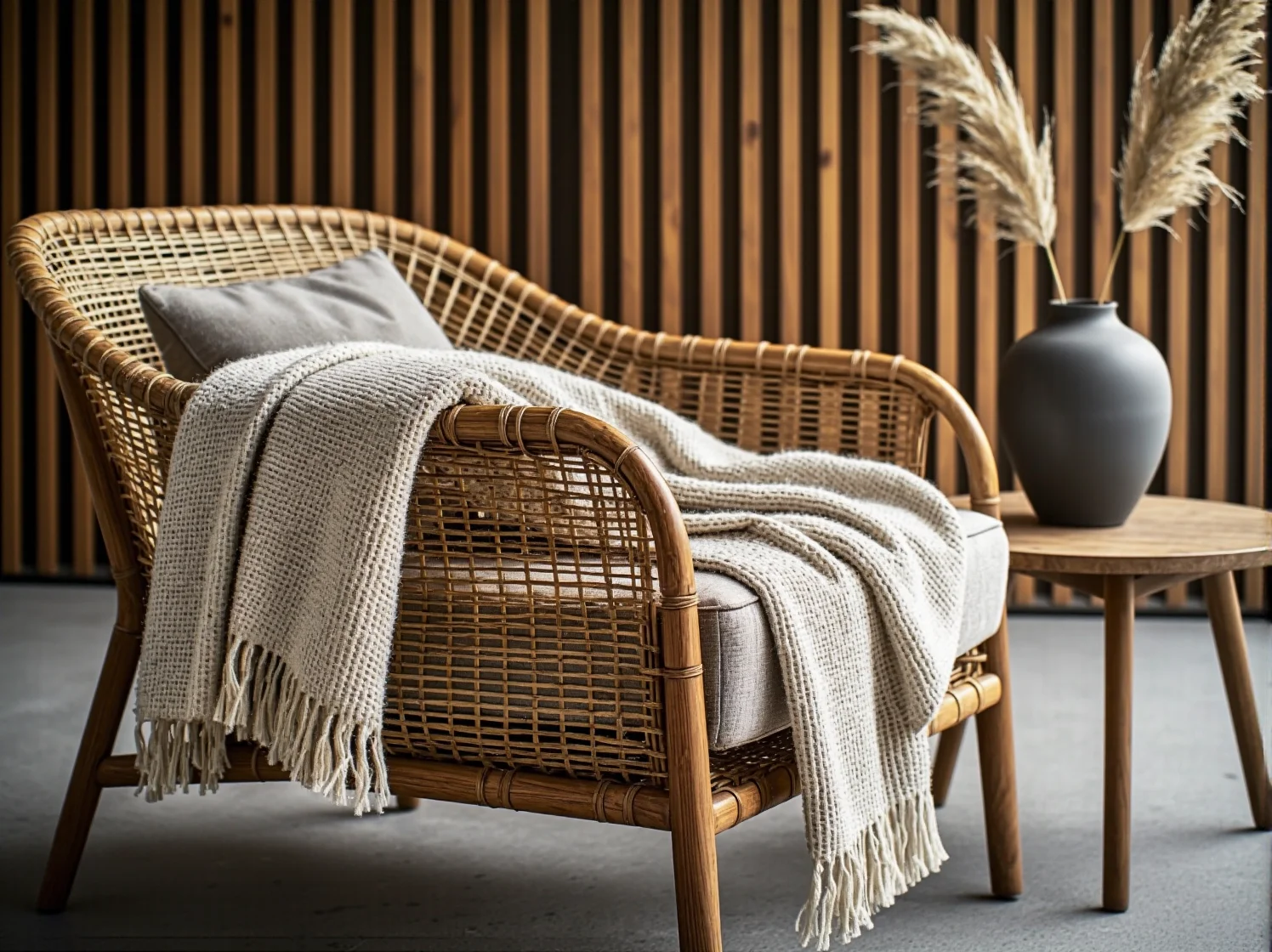 Lniane poduszki i wełniane koce na minimalistycznej sofie ogrodowej w stylu japandi