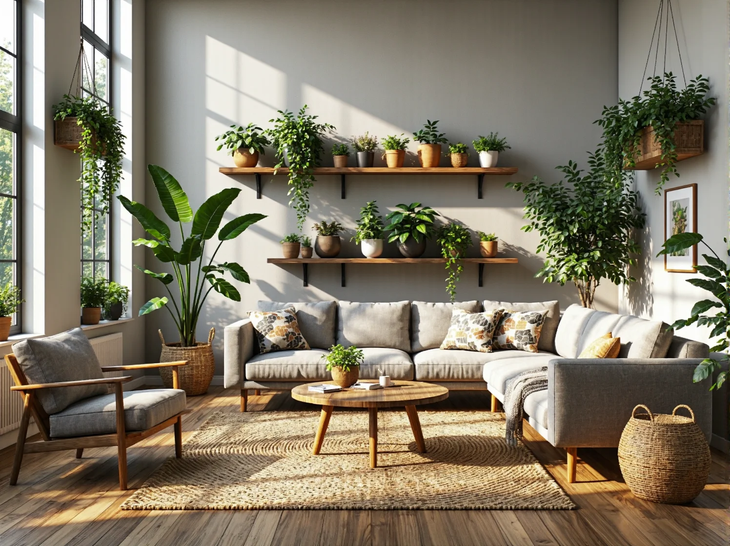 Szary narożnik tapicerowany z drewnianym stolikiem kawowym