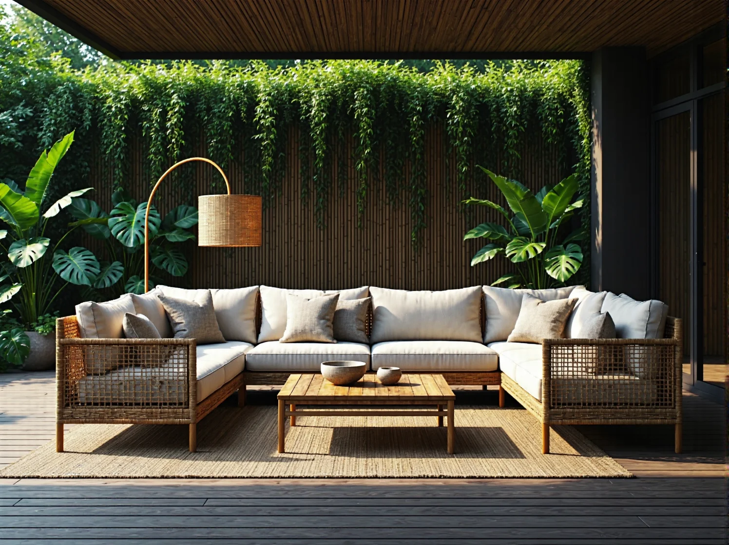 Lampa stojąca rattanowa z naturalnym abażurem i wygiętą nogą