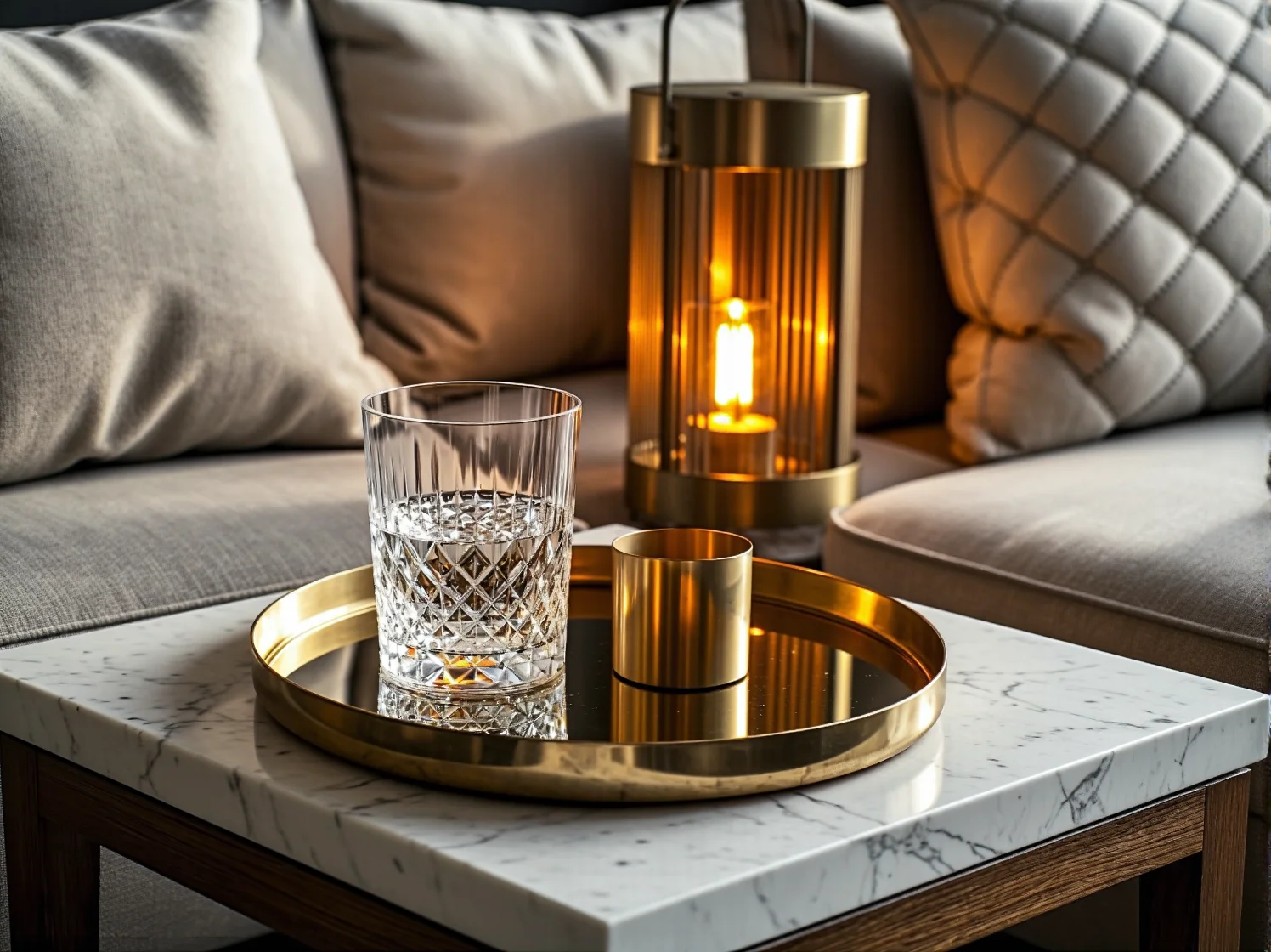 Welurowe meble na balkonie i złote detale w aranżacji glamour wieczorem