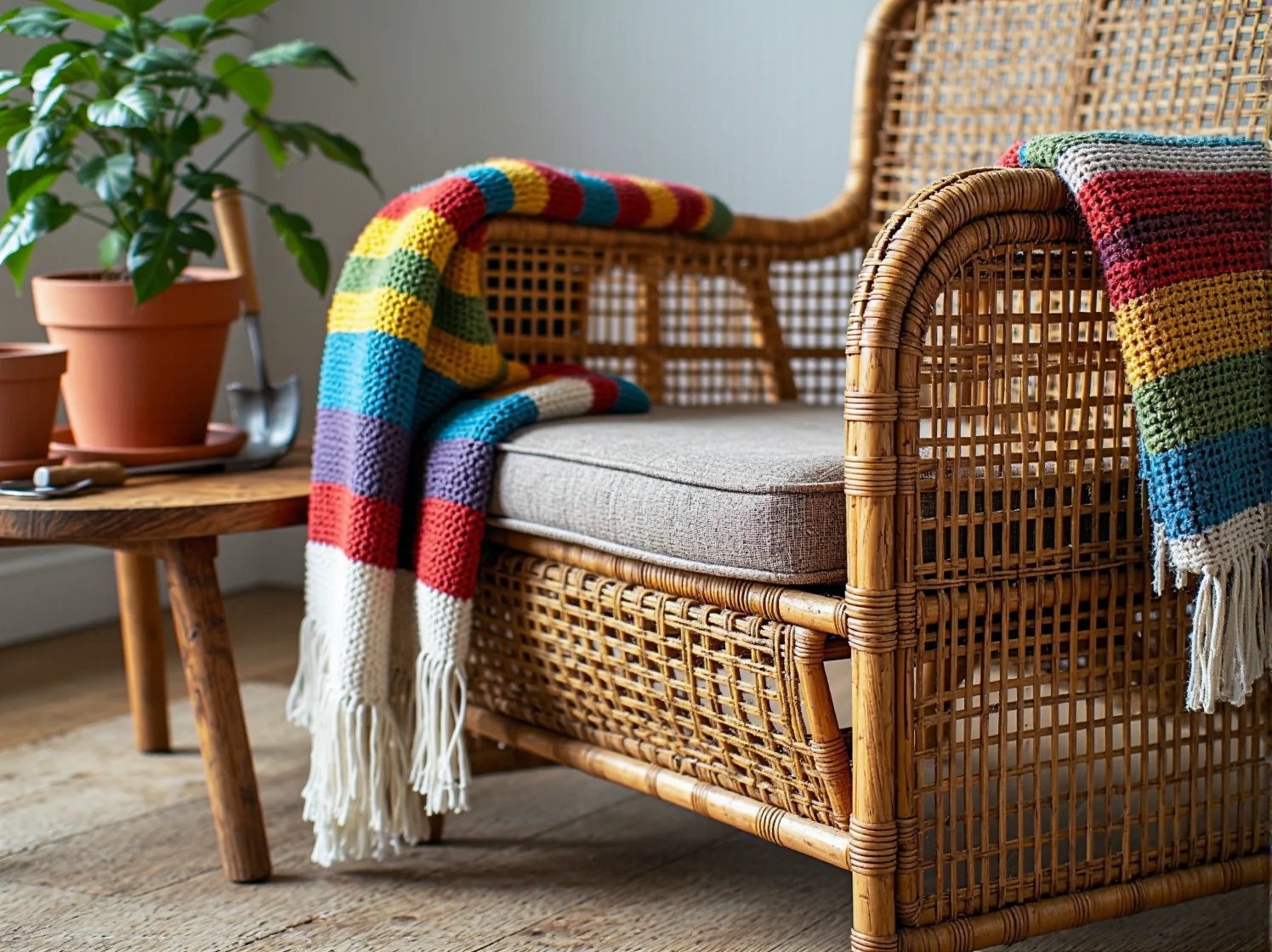 Klasyczny fotel wiklinowy z miękkimi poduszkami w ogrodzie, idealny do stylu vintage.