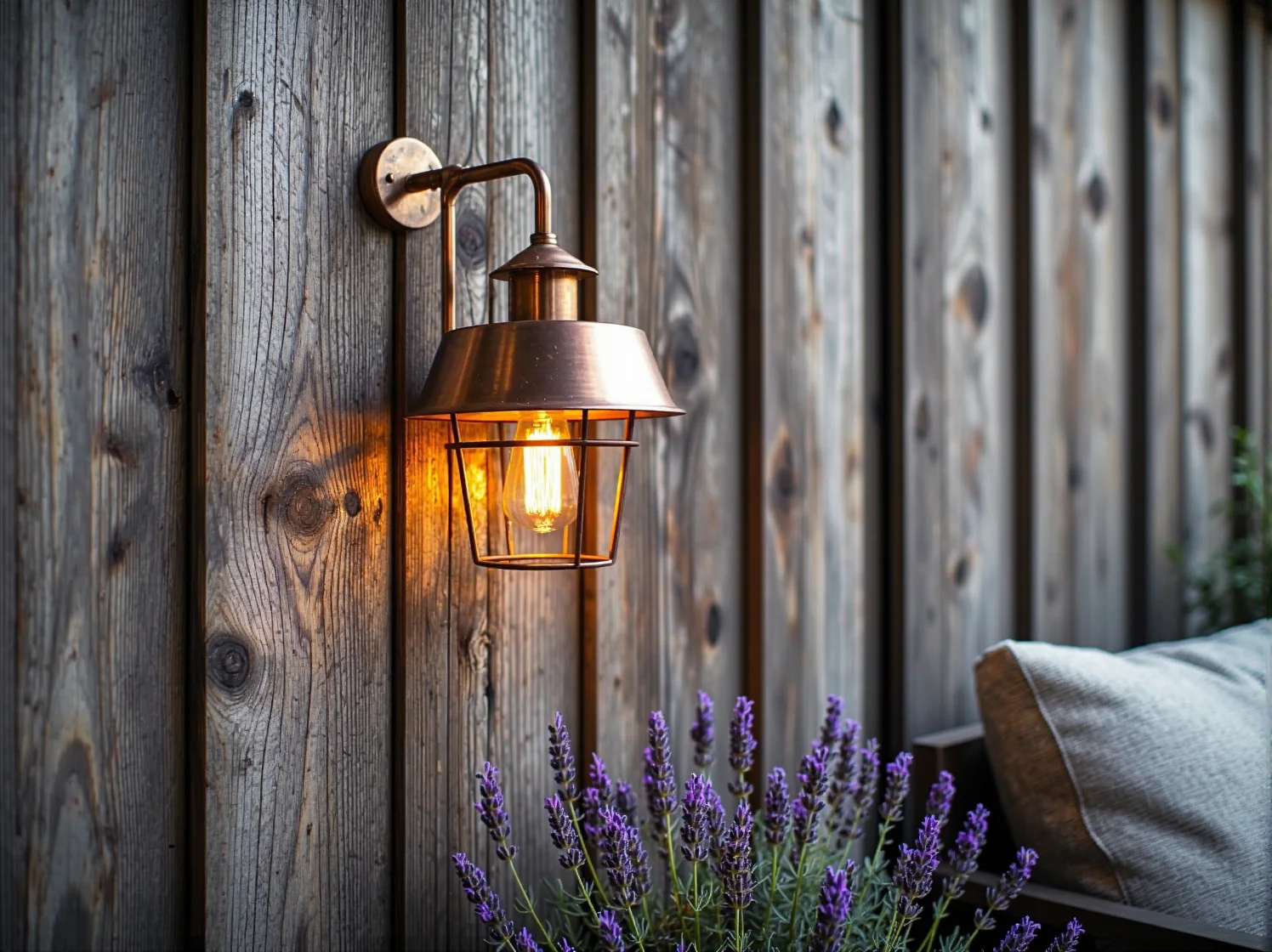 Wiszące lampiony metalowe w stylu retro na drewnianej werandzie.