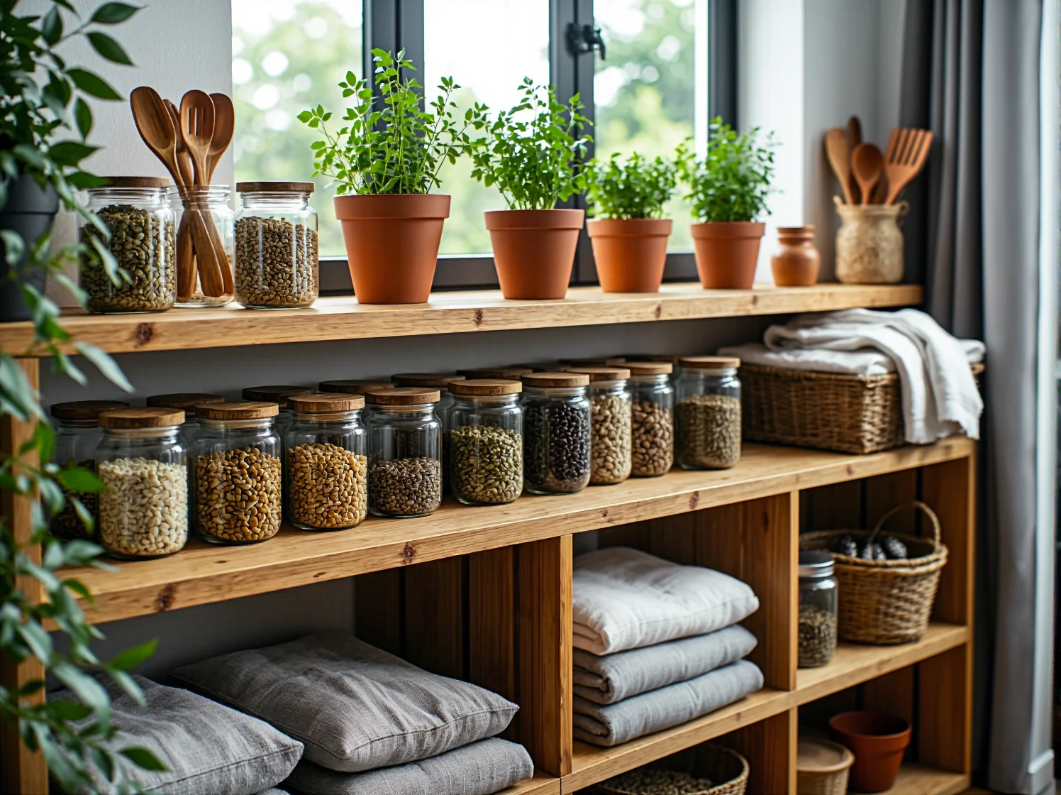 Sypialnia z lnianymi tekstyliami i roślinami oczyszczającymi powietrze