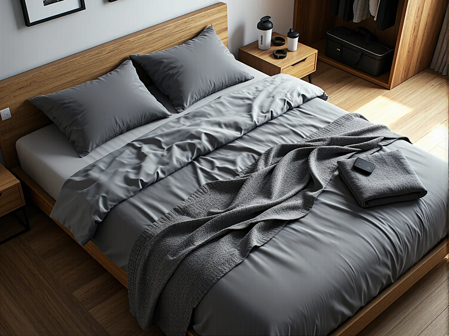 Mężczyzna budzący się wypoczęty na łóżku w nowoczesnej sypialni, gotowy do porannego treningu