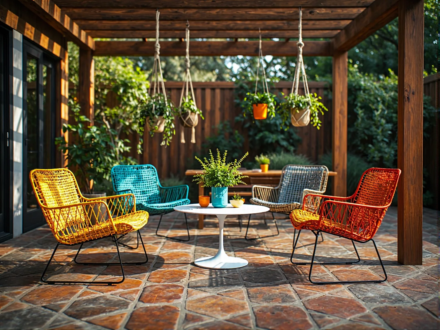 Żeliwny stolik i krzesła ogrodowe z ornamentami, podkreślające romantyczny charakter ogrodu retro.