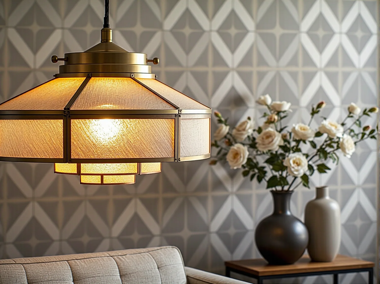 Szklany żyrandol z mosiężnymi elementami i ryflowanym szkłem w luksusowym wnętrzu.